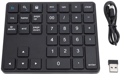 ASHATA BT Number Pad, 35 Keys Numeric Keypad, 2.4G Numpad with Receiver, BT5.0 BT3.0 Number Keypad Rechargeable Numeric Pad for Laptop Desktop Smartphone (Black)
