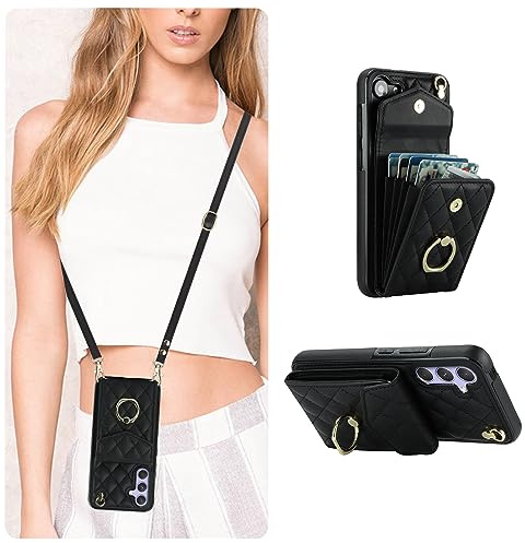 QLTYPRI Handyhülle für Samsung Galaxy S25 Hülle mit Band, Mikrofaser Leder Handykette Case mit Kartenfach Ringständer RFID Schutzhülle Lederhülle Tasche Etui für Samsung Galaxy S25 - Schwarz