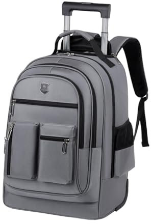rockible Rollrucksack mit Großer Kapazität, Lässiger Schulrucksack Aus Oxford Stoff mit Rollen, Laptop Aktentasche für Damen Und Herren, grau