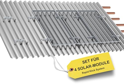 Rapid Klick Trapezblech Solarmodule Halterung Montageset für 4 Module | 400 mm Aluprofil & verstellbare (30-35 mm) Klemmen, Photovoltaik Montageset für Flachdach, Blechdach & Trapezblechdach