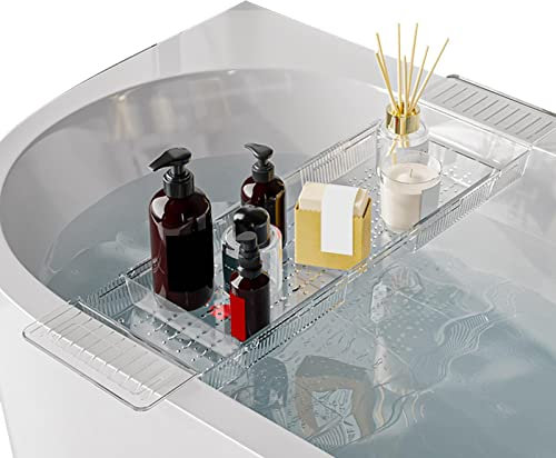 OLSKFUH Bandeja para Bañera - Accesorios De Baño para Mujeres, Bandeja Antideslizante, Laterales Extensibles, Compatible con Cualquier Bañera, Soporte para Celular Y Copas,