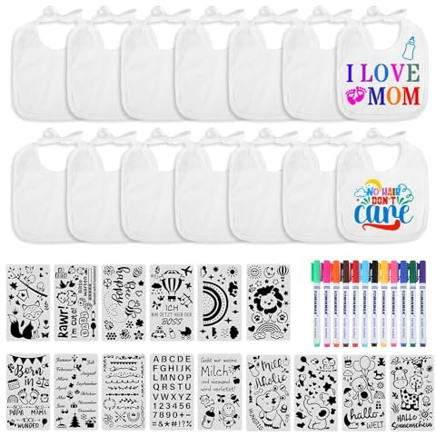 14 Stück Baby Lätzchen zum Bemalen, Babylätzchen Baumwolle, Lätzchen Weiß Lätzchen mit 12 Farbigem Farbigem Textilstiften und 15 Malen Schablonen Baby Shower Spiele für Babys Junge Mädchen Babyshower