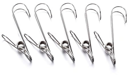 TOPPERFUN Lot de 5 Pinces à Linge en Acier Inoxydable Argentées Multi-Fonctions Crochet Long Haute Élasticité, Surface Lisse, pour Maison et Bureau