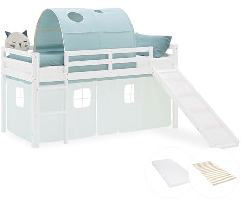 Homestyle4u Lit mezzanine avec toboggan à lattes, matelas 90 x 200 cm, blanc, lit pour enfant en bois de pin, avec tunnel et rideau vert menthe - Article 2946