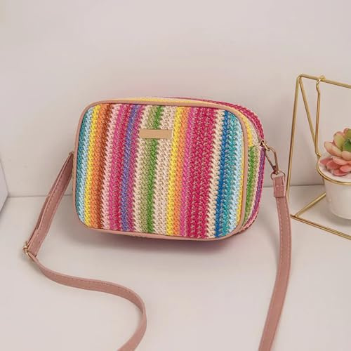 AAIXXIZAO Strohtaschen Strandtasche Frauen Regenbogen Gestreift Crossbody Umhängetasche Kleine Geldbörse Und Handtasche Damen Stroh Gewebte Strandtasche Rot