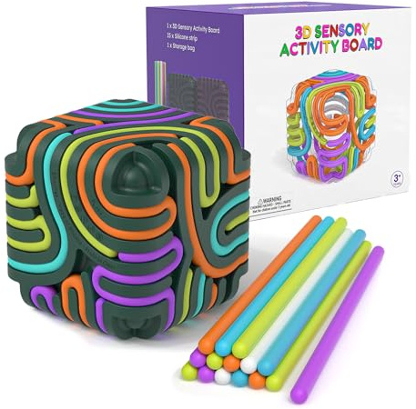Accevo 3D Sensory Activity Board, Silicone Fidget Cube Toy for Stress Relief, Calming, Focus, ADHD and Autism, 5 Colors Sensory Toys Game Controller for Kids 3+ & Adults with 15 Strings