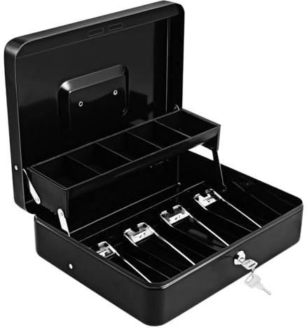 DIKACA Caja Metálica para Dinero con Cerradura y Bandeja Organizadora Caja Registradora Portátil y Resistente de Hierro para y Almacenamiento Seguro Incluye Llaves para Negocios y