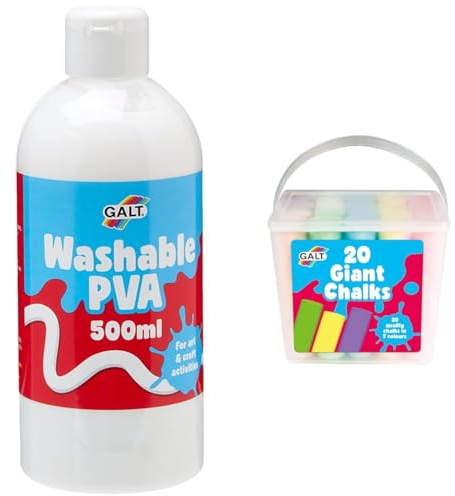 Galt Washable PVA Glue & Giant Chalks Bundle – Kids’ Arts and Crafts Set with 500ml Clear Glue for Slime Making and 20 Bright Washable Pavement Chalks, Ages 3+