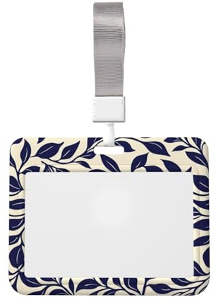 Portatarjetas de plástico duro con diseño de hojas repetidas en azul marino, protector para tarjetas de identificación para enfermeras y oficina