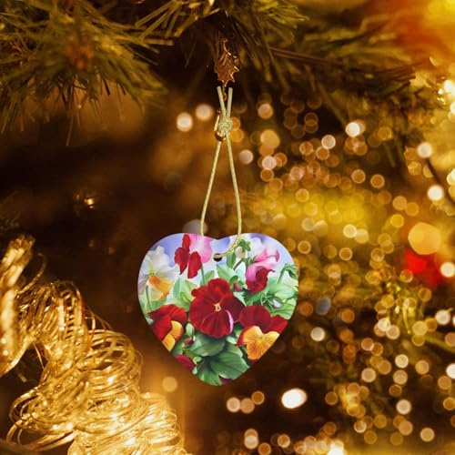 Poezjzw Pansy Perfection Pattern Ceramic Heart-Shaped Christmas Tree Ornaments, Family New Year Home Souvenirs For Gatherings