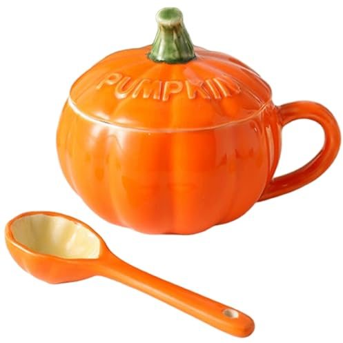 Taza de calabaza con tapa y cuchara, lindas tazas de cerámica de otoño, taza de café de calabaza de dibujos animados naranja para otoño, Acción de Gracias, Navidad, Halloween