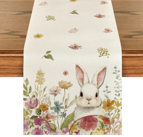 Artoid Mode Wildblumen Hase Ostereier Ostern Tischläufer, Frühling Küche Tisch Dekoration Drinnen Urlaub Party Dekor 40x180 cm