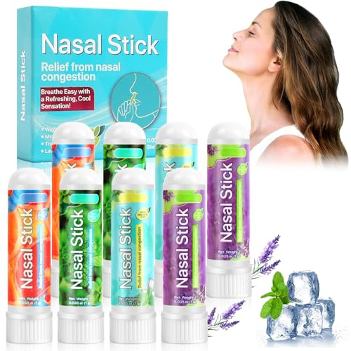 AUYAO Stick Nasal, Inhalateur Nasal aux Huiles Essentielles avec aux 7 Huiles Bio, 8 Pack Stick d'inhalation Nasale Portable pour Nez Bouché ou qui Coule, Augmenter la Concentration