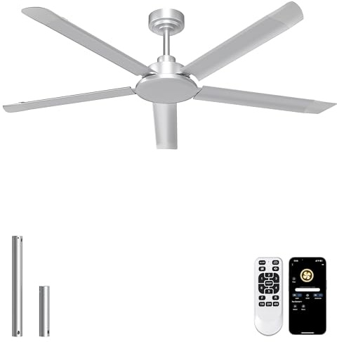 Ohniyou 60 inch Ceiling Fan No Light - Large Industrial Ceiling Fans with Remote & APP Control, 5 Aluminum Blades, Quiet DC Motor for Patio, Living Room, Shop, Garage (Silver-No Light, 60 inch)