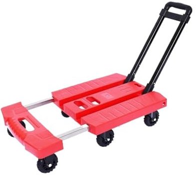 Folding Hand Truck with 6 Durable Wheels - Expandable Handle Trolley Cart for Easy Luggage Transport & Storage - Rosso Color, 3-Inch Wheels, Ideal for Heavy Loads & Moving Supplies