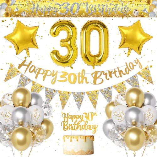 Decorazioni Compleanno 30 Anni Uomo Donna, Oro Argento Palloncini Compleanno 30 Anni, Striscione Buon Compleanno, Numero 30 Palloncino Oro e Argento Decorazione Festa per 30 Uomo e Donna