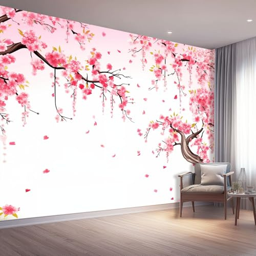 Générique Papier Peint Style Japonais Fleurs de Cerisier Oiseaux de 300 x 210 cm (WxH), Tapisserie Murale Autocollante Motif - Papiers Peints Mural Plante pour Chambre Salon Meuble Blanc