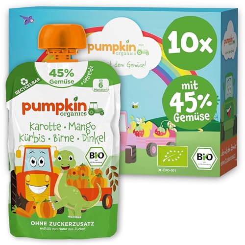 Pumpkin Organics Bio Gemüse-Quetschie mit Dinkel ohne Zuckerzusatz¹ 10x100g | Bio Gemüse-Getreide-Quetschie mit Dino, 45% Gemüse und weniger Fruchtzucker, ab 6 Mo; idealer Beikost- bis Schulsnack