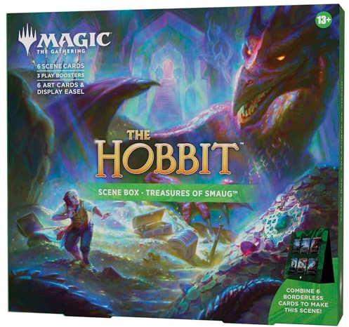 Magic: The Gathering | The Hobbit Box - Treasures of Smaug | 6 Foil Borderless Cards, 6 Art Cards, 3 Play Boosters + Display Easel
