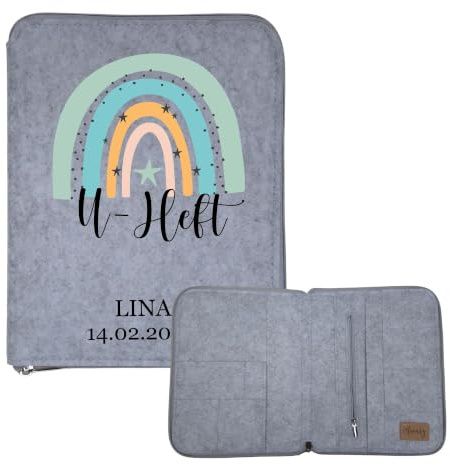 AWASG Personalisierter Organizer Filz mit Name, Familienorganizer Mutterpasshülle Dokumententasche, U-Heft Hülle Regenbogen