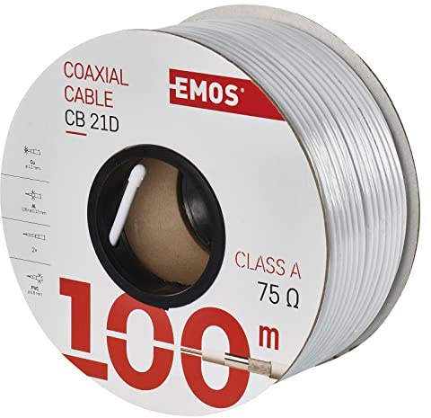 EMOS Cavo antenna 100 m bianco coassiale CLASS A per SAT, TV e CCTV tipo CB21D doppia schermatura, 110 dB, resistenza 75 ohm