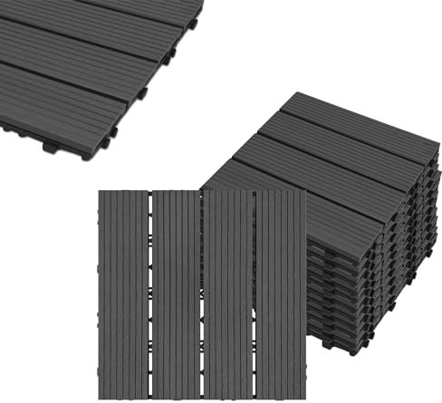 HENGMEI 11x Terrassenfliesen für 1m² WPC 30x30cm Holz-Optik - Balkonfliesen Garten klick-Fliese Anthrazit mit Drainage （11er set,Anthrazit)