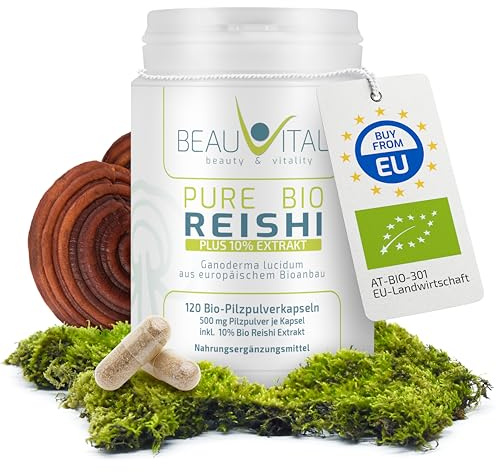 Pure Reishi Bio capsules avec 10% d'extrait bio | 120 capsules de Reishi 500mg de poudre de champignon Reishi issu de l'agriculture biologique européenne, végétalien, sans additifs artificiels