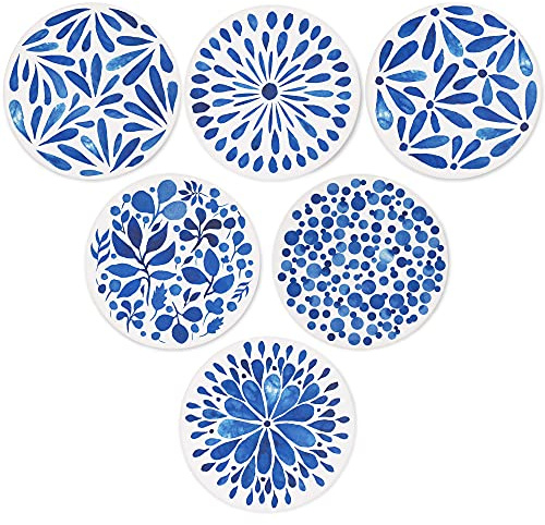 AD Set of 6 Coasters for Drinks Absorbing Round Ceramic Stone Coaster with Cork Base,Tabletop Protection Mat for Mugs and Cups,Office,Kitchen (Indigo Blue)