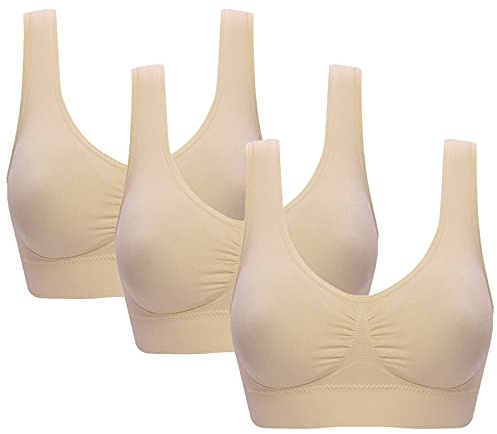 Jamron Dam 3 Pack Sömlös Trådlös Komfort Vardagliga Bralettes Sport Yoga Sömn BH med Avtagbara Kuddar Beige + Beige + Beige 3XL