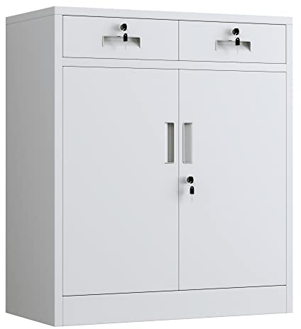 JINGUR Metal Storage Cupboard with Locking Doors and 2 Drawers, Lockable Storage Cabinets with Adjustable Shelf for Home Office and Garage (White)