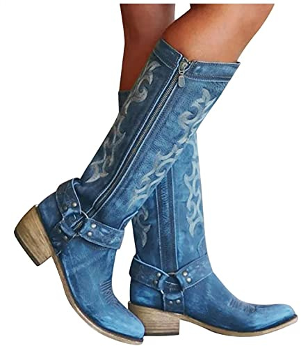 Binggong Damen Retro Cowboystiefel Westernstiefel Stickereien Niedrigem Absatz Schlupfstiefel mit Reißverschluss Stiefel Runde Zehen Schuhe Biker Boots rutschfeste Bequeme Winterstiefel, Blau, 42 EU