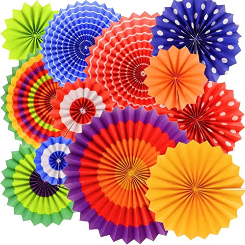 BeiLan 12 Piece Tissue Paper Fan Party Decorations - Colorful Origami Rainbow Fan Flower Paper Pinwheels for Birthday, Christmas, Mexican Party, Carnival Wall Decor