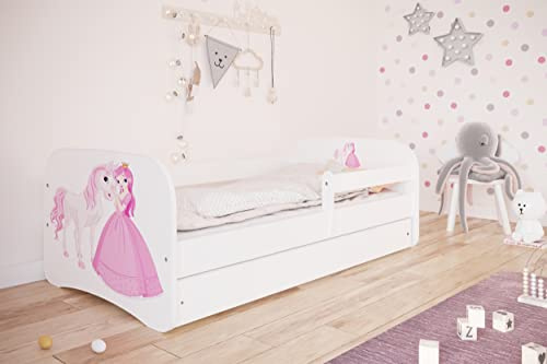 Bjird Kinderbett Jugendbett 70x140 80x160 80x180 Weiß mit Rausfallschutz Matratze Schublade und Lattenrost Kinderbetten für Mädchen und Junge - Prinzessin und Pferd 180 cm
