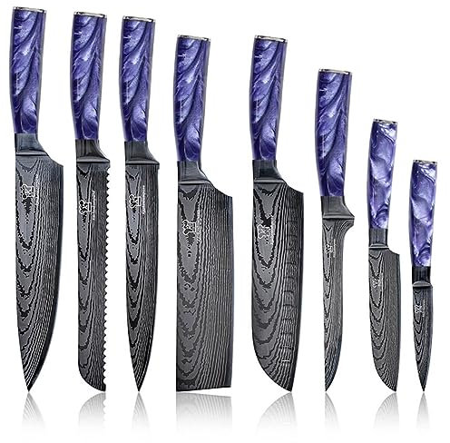 Küchenkompane - Set de couteaux de cuisine Pinku, couteaux en acier inoxydable I Conçu en Allemagne I Différentes tailles et manche en résine époxy I Pour cuisine/restaurant I (8pcs)