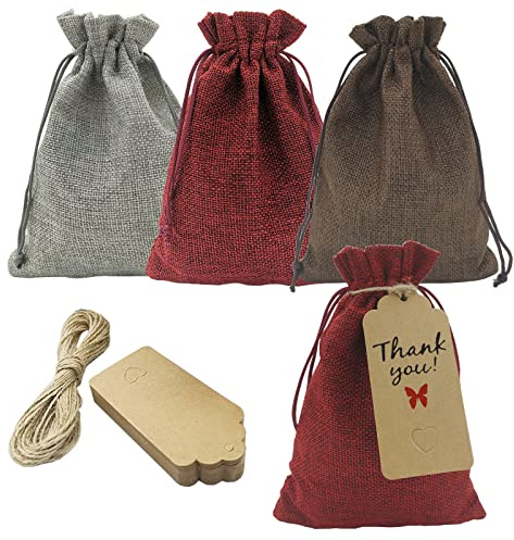 DUGYIRS 30 Piezas Bolsas de Yute,Arpillera Bolsas de Regalo con Cordón 13cm x 18cm Pequeña Bolsas de Regalo Bolsas de Joyería para Joyas, Manualidades, Bodas, Fiestas(3 Colores)