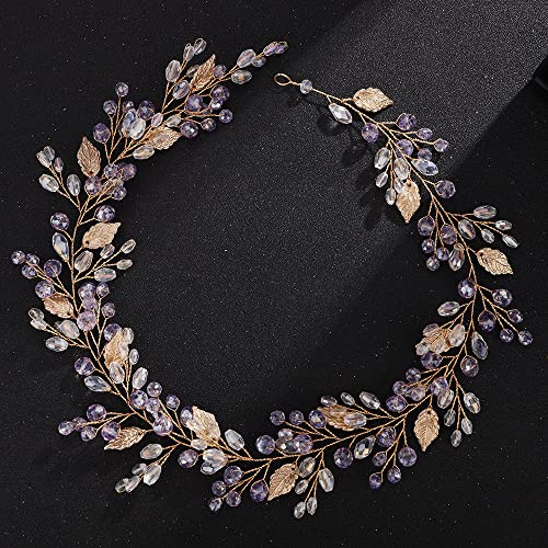Teyglen Serre-tête de mariée en forme de feuille de vigne avec strass faits à la main pour femme et fille (rose)