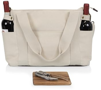 LEGACY Temecula Wine Bag, Wine and Cheese Picnic Tote Bag, Wine Picnic Cooler Bag with Cheese Board, (Natural White Canvas)