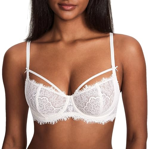 DOBREVA Donna Reggiseno Push Up Balconcino Taglie Forti con Ferretto Pizzo Senza Imbottitura Bianco Cocco 3B