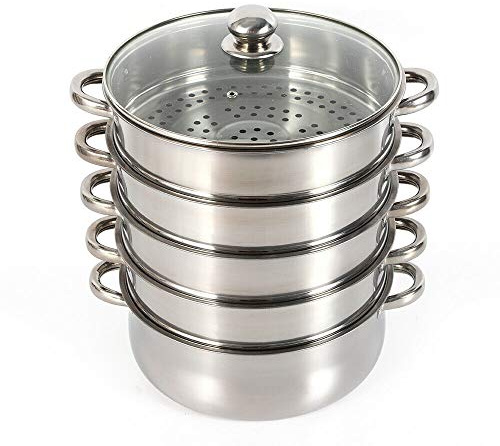5 lager ångkokare i rostfritt stål, 30 cm kokkärl med glaslock, ångkokare köksset, platt botten antivärmehandtag, silver