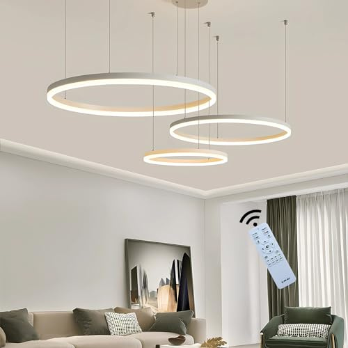 J.SUNUN LED Pendelleuchte Moderne weiß 3-Ring Kronleuchter Wohnzimmerlamp 90W 7200LM Dimmbar Hängelampe Deckenbeleuchtung Für Schlafzimmer Wohnzimmer Esstisch leuchte 40×60×80CM