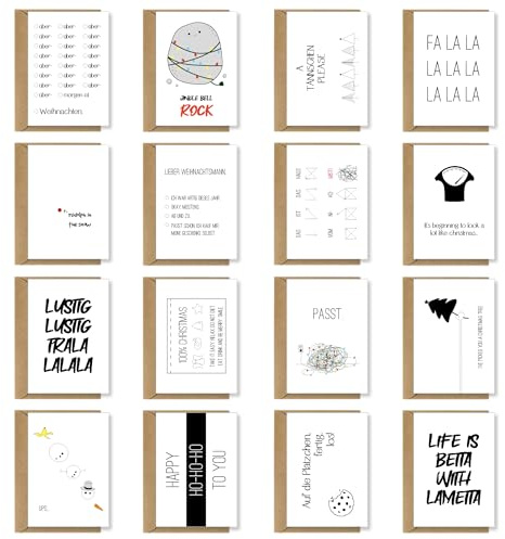 PuK Weihnachtskarten Set mit Umschlägen | 16 Weihnachtskarten DIN A6 | Lustige Postkarten mit weihnachtlichen Motiven | Weihnachtskarten-Set schlicht und lustig | schöne Weihnachtspostkarten