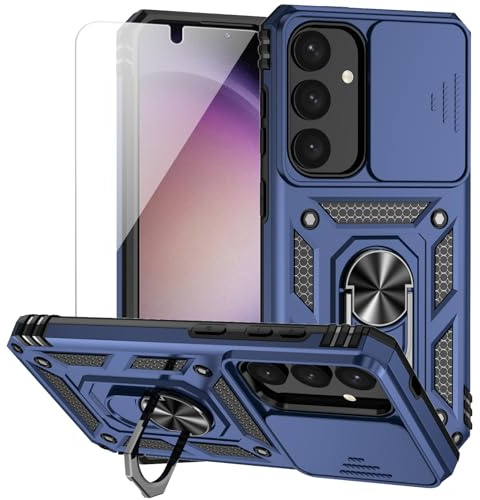 for Samsung Galaxy S24 Case with Camera Lens Cover HD Screen Protector, Dual Layer Military-Grade Drop Tested Magnetic Ring Holder Kickstand Protective Phone Case for Samsung Galaxy S24 (Navy Blue)