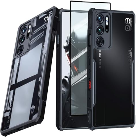 Guizzcg für ZTE Nubia Red Magic 9 Pro / 9S Pro Hülle, [Vergilbungsfrei] Soft TPU Stoßstange + Transparent Acryl Handyhülle, Airbag Schutzhülle Sturzfest [1 Stück Schutzglas], Schwarz