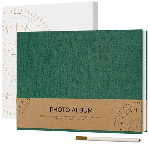 Vienrose Álbum de Fotos Autoadhesivo para Fotos 10x15, Pequeño Álbum de Recortes de Lino 40 Páginas Blancas DIY Libro de Recortes con Bolígrafo de Metal, 21,5x30 cm Verde oscuro