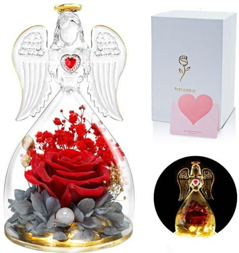 DONSAJI Glass Angel With Real Preserved Rose Inside - Birthday Gift for Mom, Women, Grandma, Wife - Red Forever Flower From Daughter Son