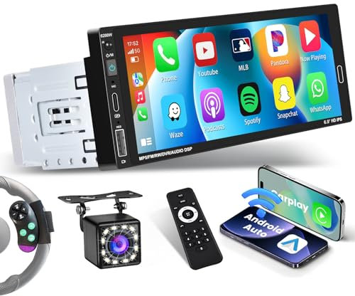 Hikity 6.9 Inch Wireless Carplay Single Din Car Stereo Android Auto Radio with Bluetooth5.0 FM Rear View Camera USB EQ
