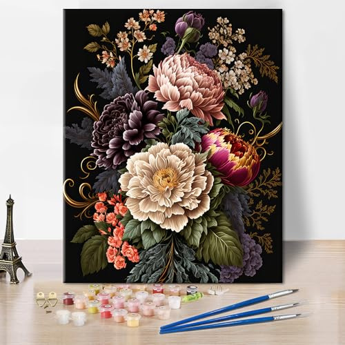 TISHIRON Blommor måla efter siffror med penslar och akrylfärger gör-det-själv målning efter siffror vuxna för mors dag gåva vardagsrum sovrum dekoration 40 x 50 cm utan ram