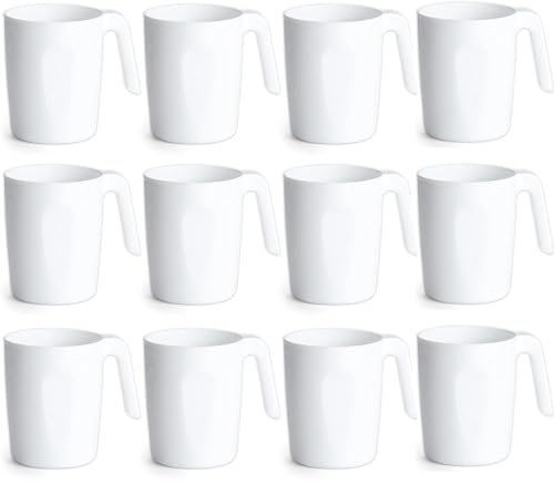 BSTMOME Plastic Coffee Mugs Set of 12, Multi-use Plastic Cups with Handles 15oz, Reusable Water Cup, Easy to Carry, Great for Home, Garden, Picnic, Camping, Outdoor (White)