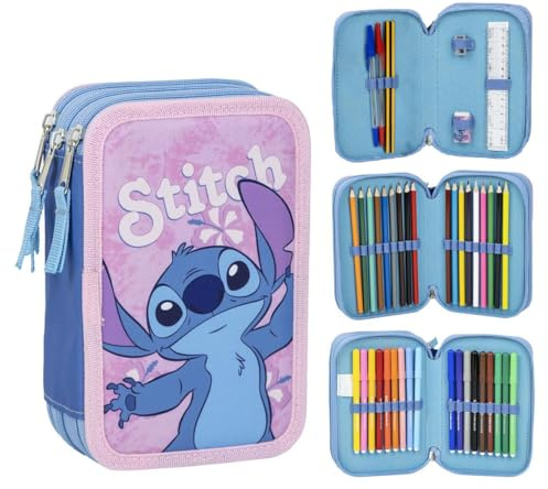 CARTOON Federmäppchen mit mehreren Fächern, 3 Reißverschlüssen, für die Schule, komplett mit Stiften, Bleistiften, Farben, Filzstiften, Stich, mäppchen