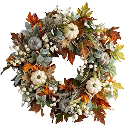 Autumn Wreath for Front Door, 45cm/18in Fall Autumn Door Wreath, Artificial Pumpkin Wreath with Maple Leaf White Pumpkin Berries, Thanksgiving Wreath Decorations for Window Wall Decor Outdoor All Year